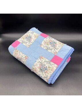 Handmade Patchwork Quilt Throw Blanket Blue Pink Sparrow Bird Floral Cottagecore